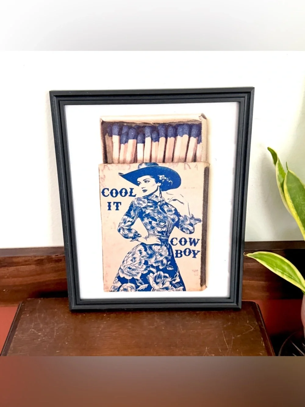 Vintage Style 'Cool It Cowboy' Framed Wall Art - Blue & Cream